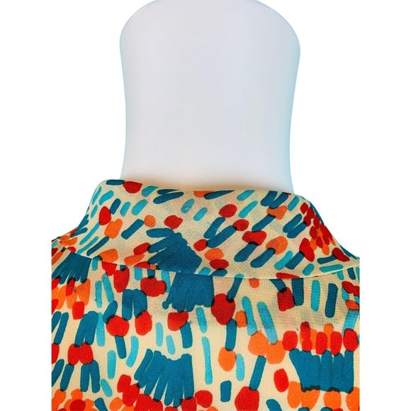 Vintage 1980s Silk Shirtdress Necktie Red Orange Blue Artistic Printed Dress - Picture 10 of 10